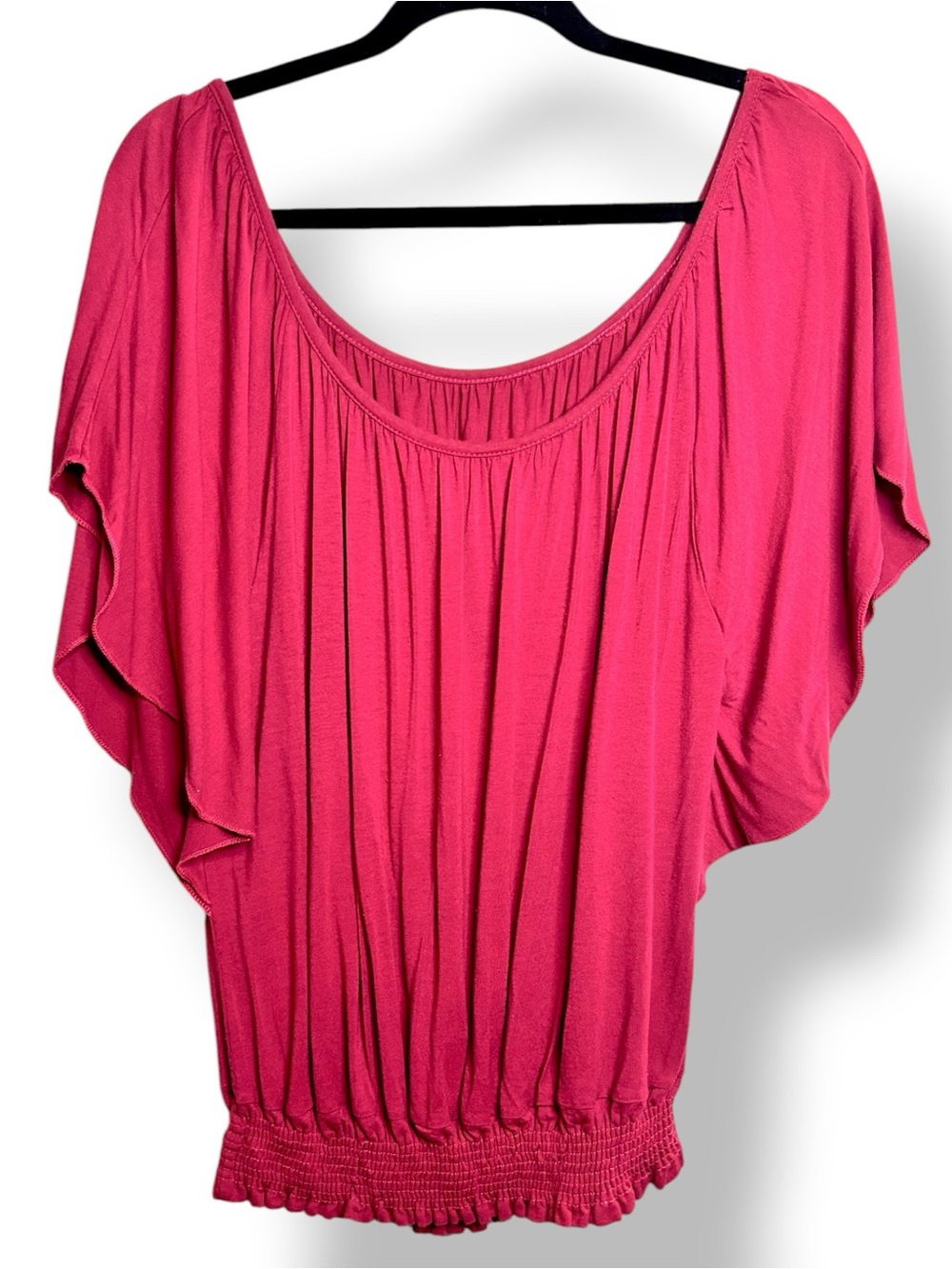 Magenta Pink Smocked Blouson Top Flutter-Sleeve Scoop Neck Adjustable Fit Blouse